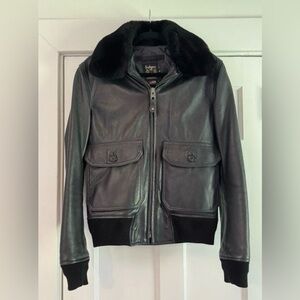 Vintage SCHOTT Navy Cowhide Bomber With Removable Faux Fur Collar - Size Small